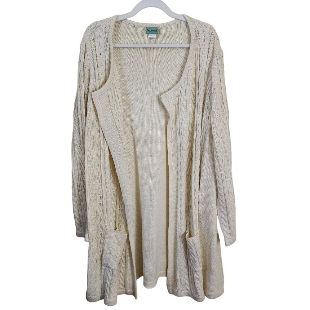 Sara Morgan Long Lines Cable Knit Open Front Neutral Cardigan Sweater Size XL